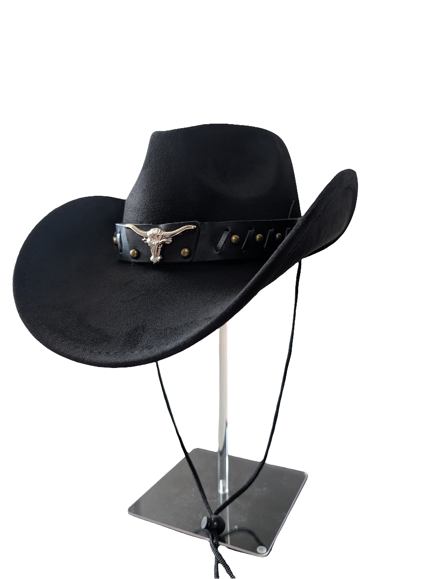 Black "suede effect" bull cowboy cowgirl hat fancy dress rodeo western party festival