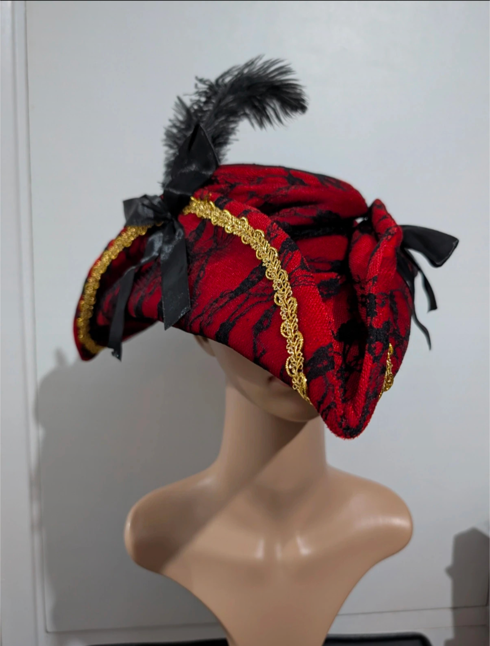 Red Pirate Tricorn Hat Buccaneer Adult Fancy Dress One Size Ladies Unisex Halloween Feather