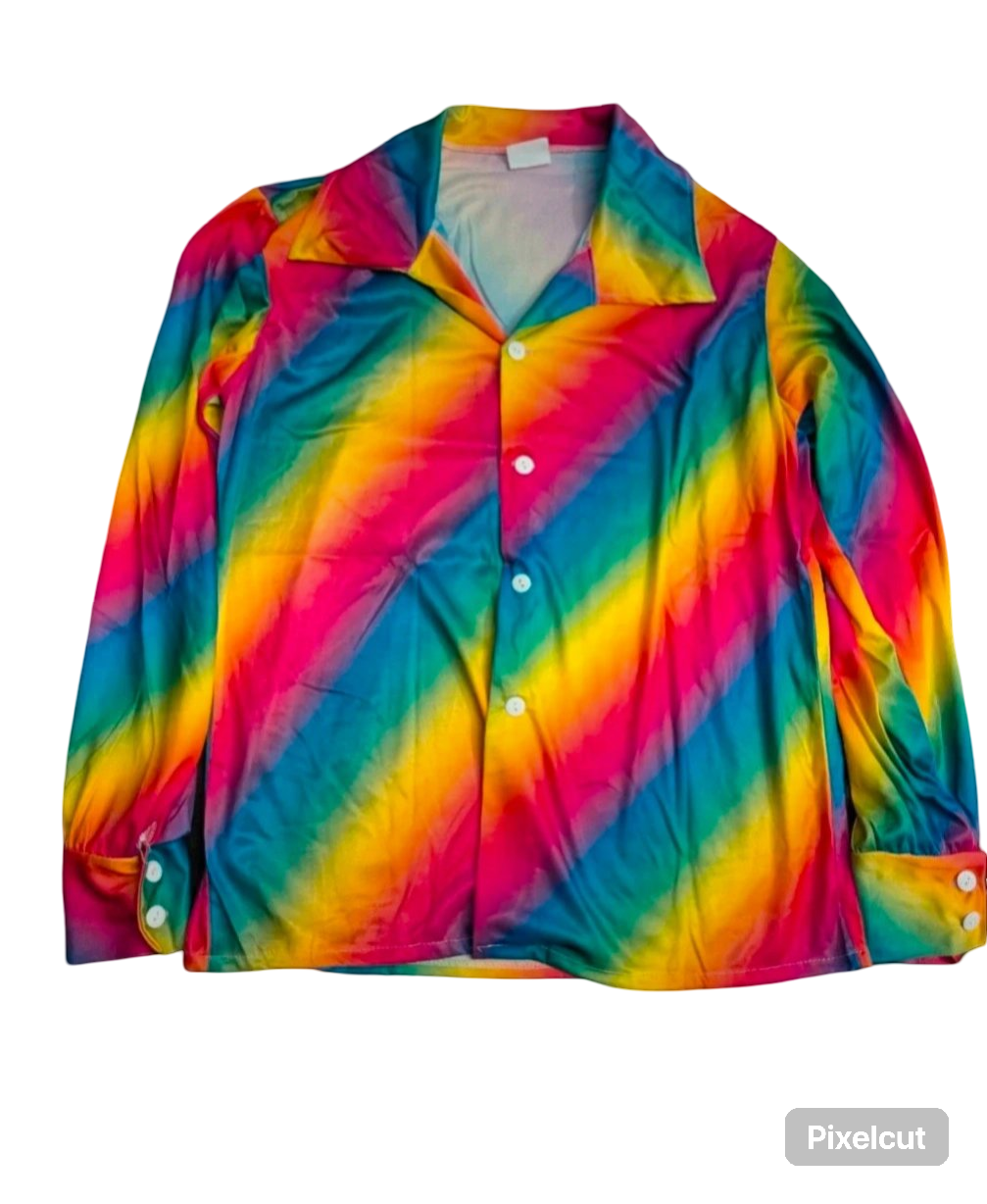 Men's one size rainbow shirt top fancy dress shit stag pride collar festival 60s 70s 80s 90s