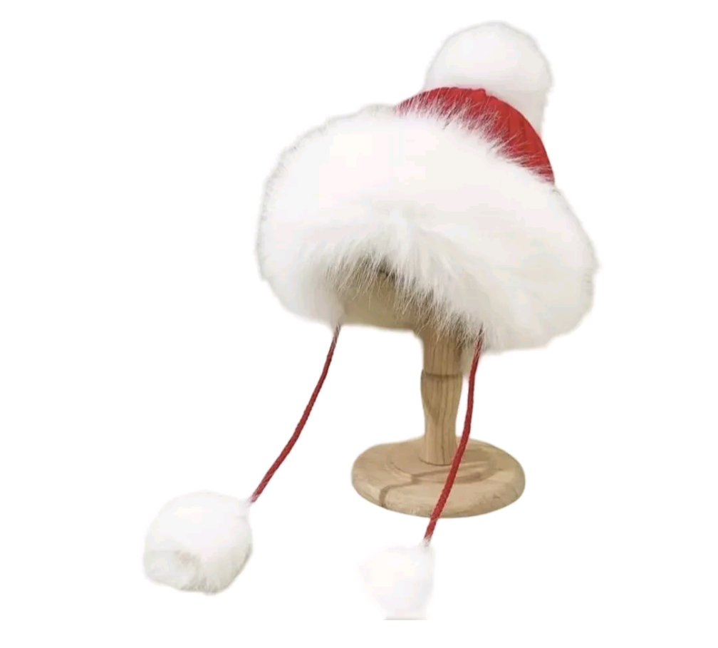 Red & white fluff beanie with pom pom tassels