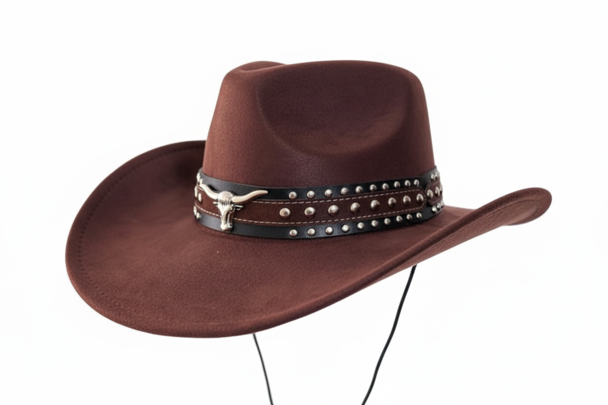 Brown "suede effect" bull cowboy cowgirl hat fancy dress rodeo western party festival