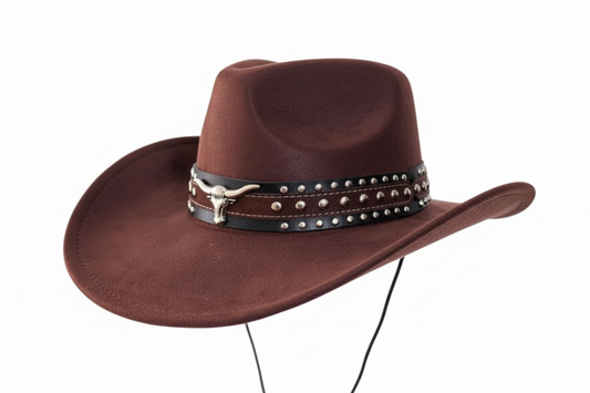 Brown "suede effect" bull cowboy cowgirl hat fancy dress rodeo western party festival