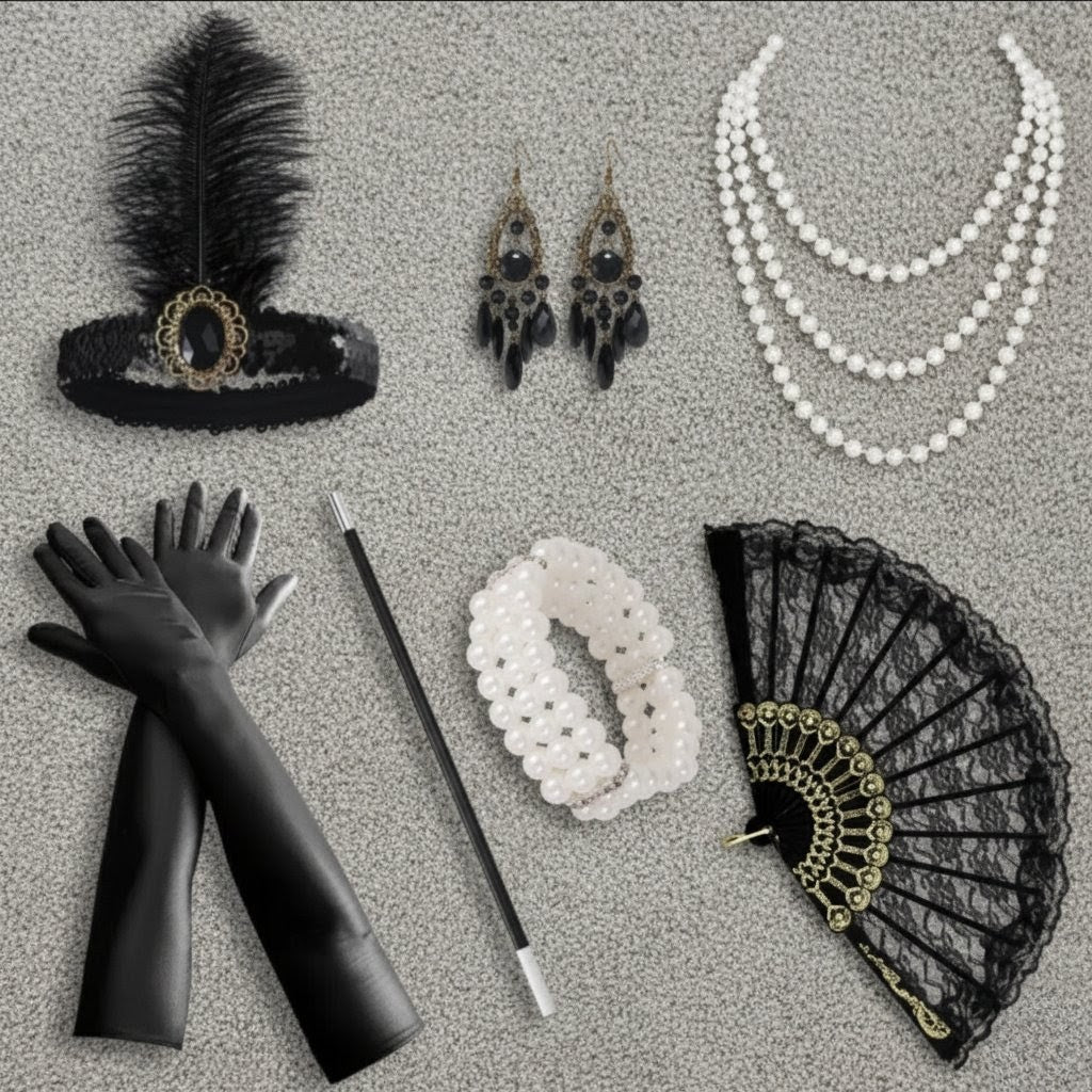 1920s 20s style vintage fancy dress accessories gloves flapper necklace earrings fan