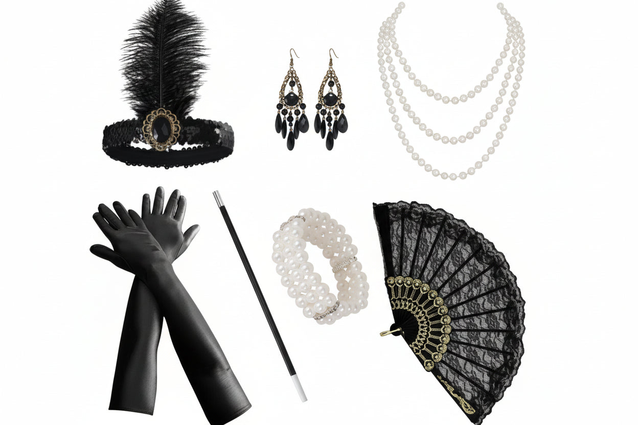1920s 20s style vintage fancy dress accessories gloves flapper necklace earrings fan