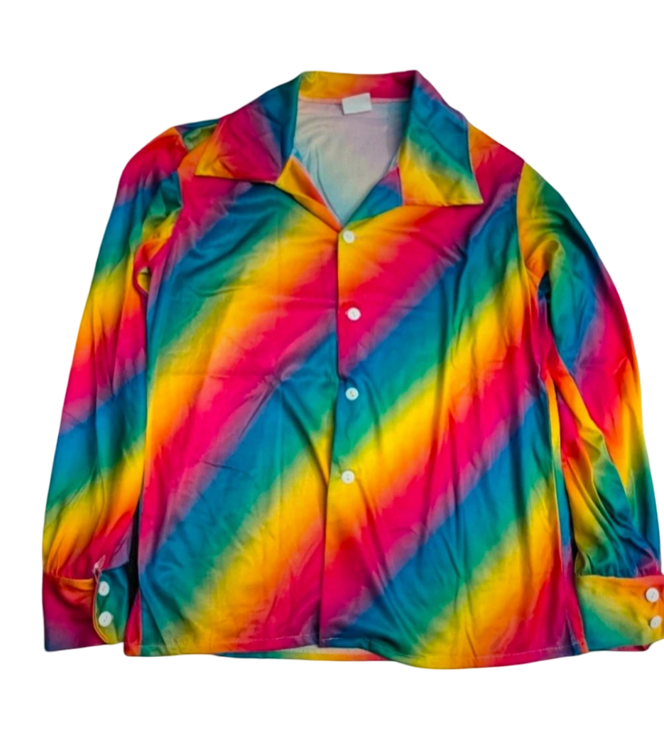 Men's one size rainbow shirt top fancy dress shit stag pride collar festival 60s 70s 80s 90s