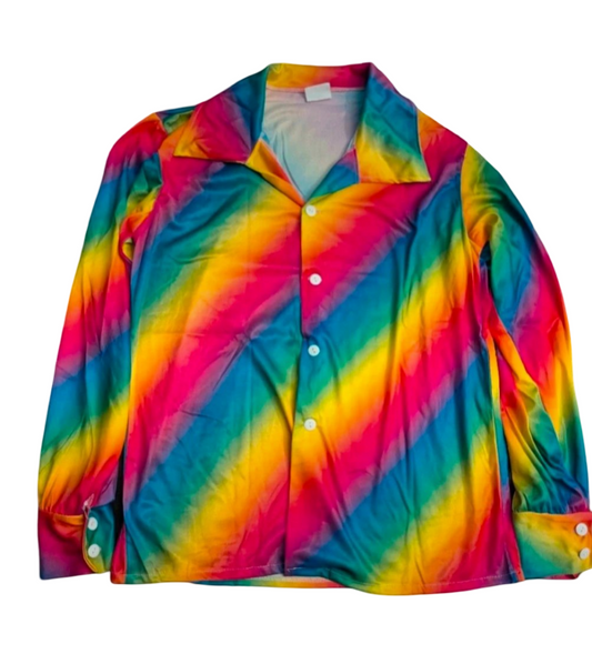 Men's one size rainbow shirt top fancy dress shit stag pride collar festival 60s 70s 80s 90s