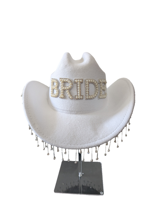 Bride Bridal Pearl Rhinestone Fedora Cowgirl Hat