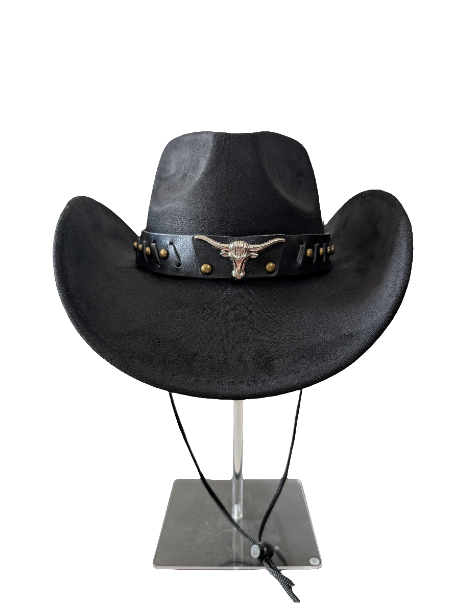 Black "suede effect" bull cowboy cowgirl hat fancy dress rodeo western party festival