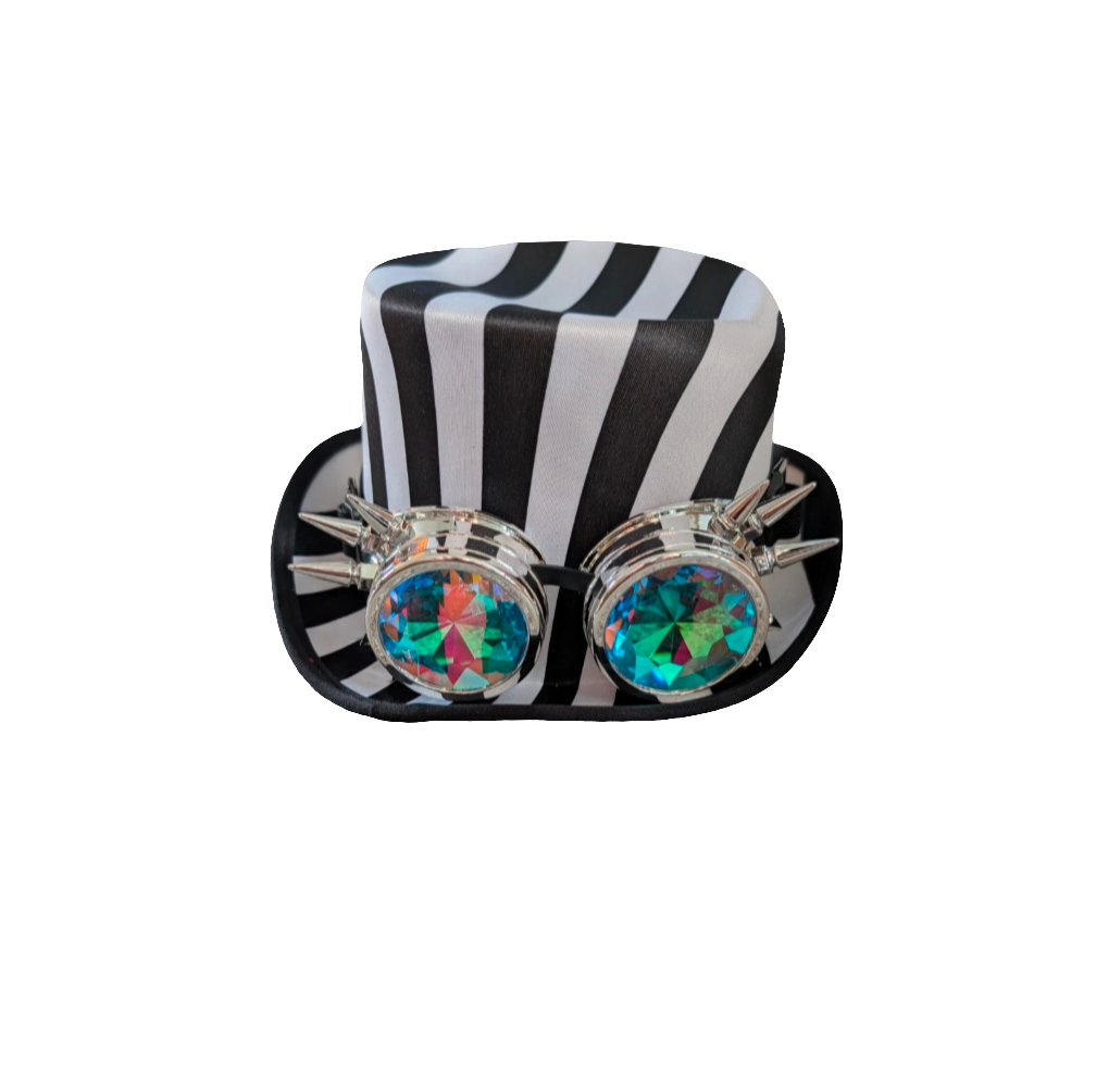Steampunk top hat googles black white stripes vintage Halloween cosplay Beetlejuice party event