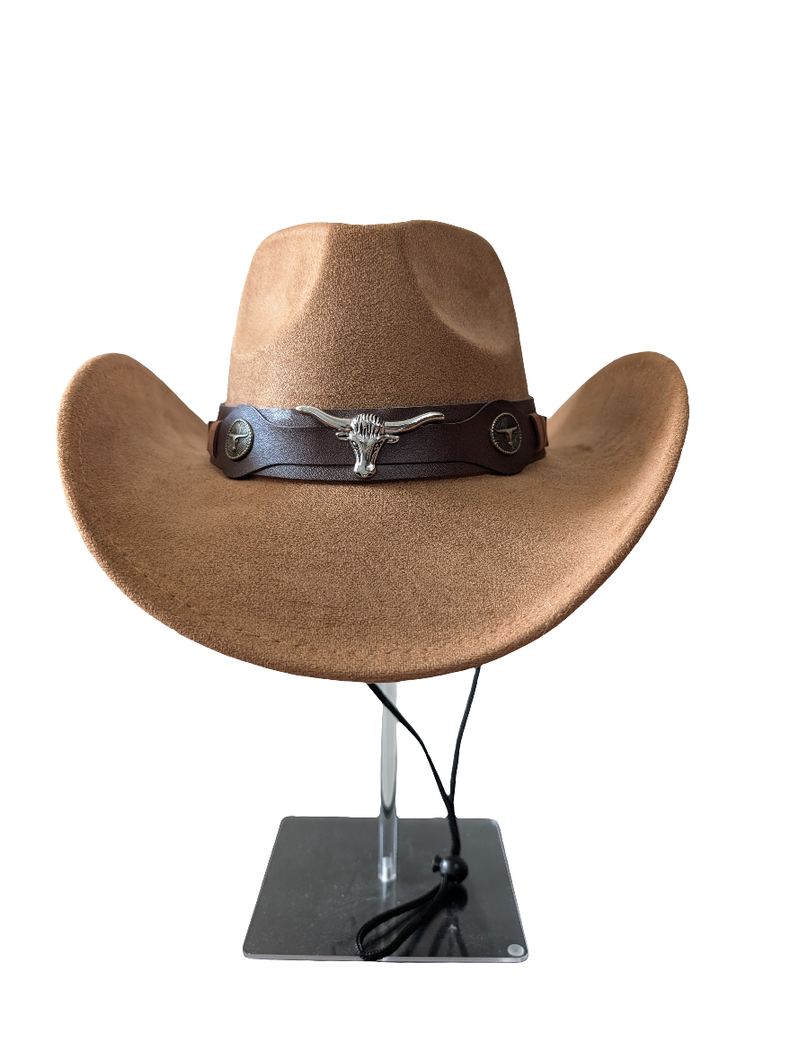 Light brown/camel "suede effect" bull cowboy cowgirl hat fancy dress rodeo western party festival