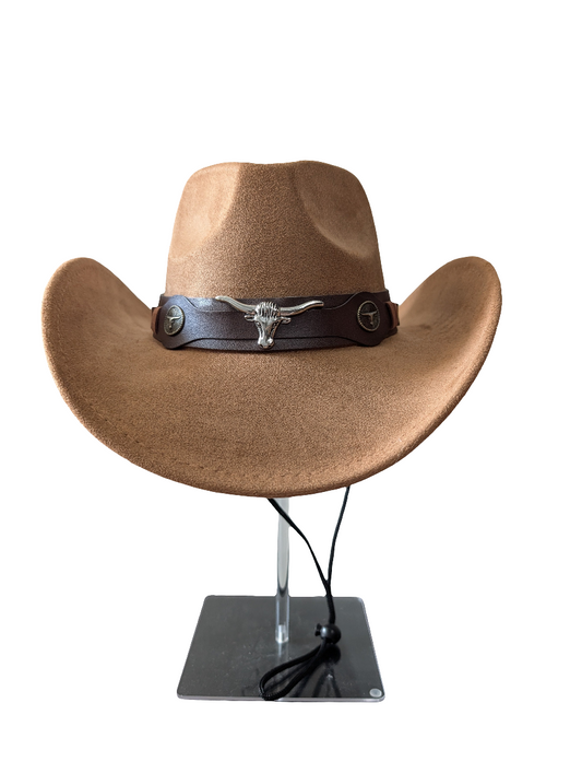 Light brown/camel "suede effect" bull cowboy cowgirl hat fancy dress rodeo western party festival