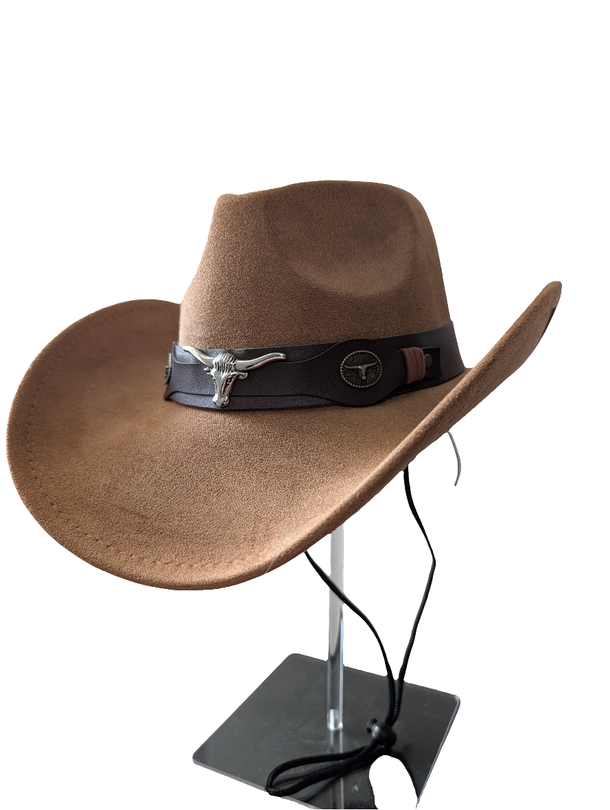 Light brown/camel "suede effect" bull cowboy cowgirl hat fancy dress rodeo western party festival