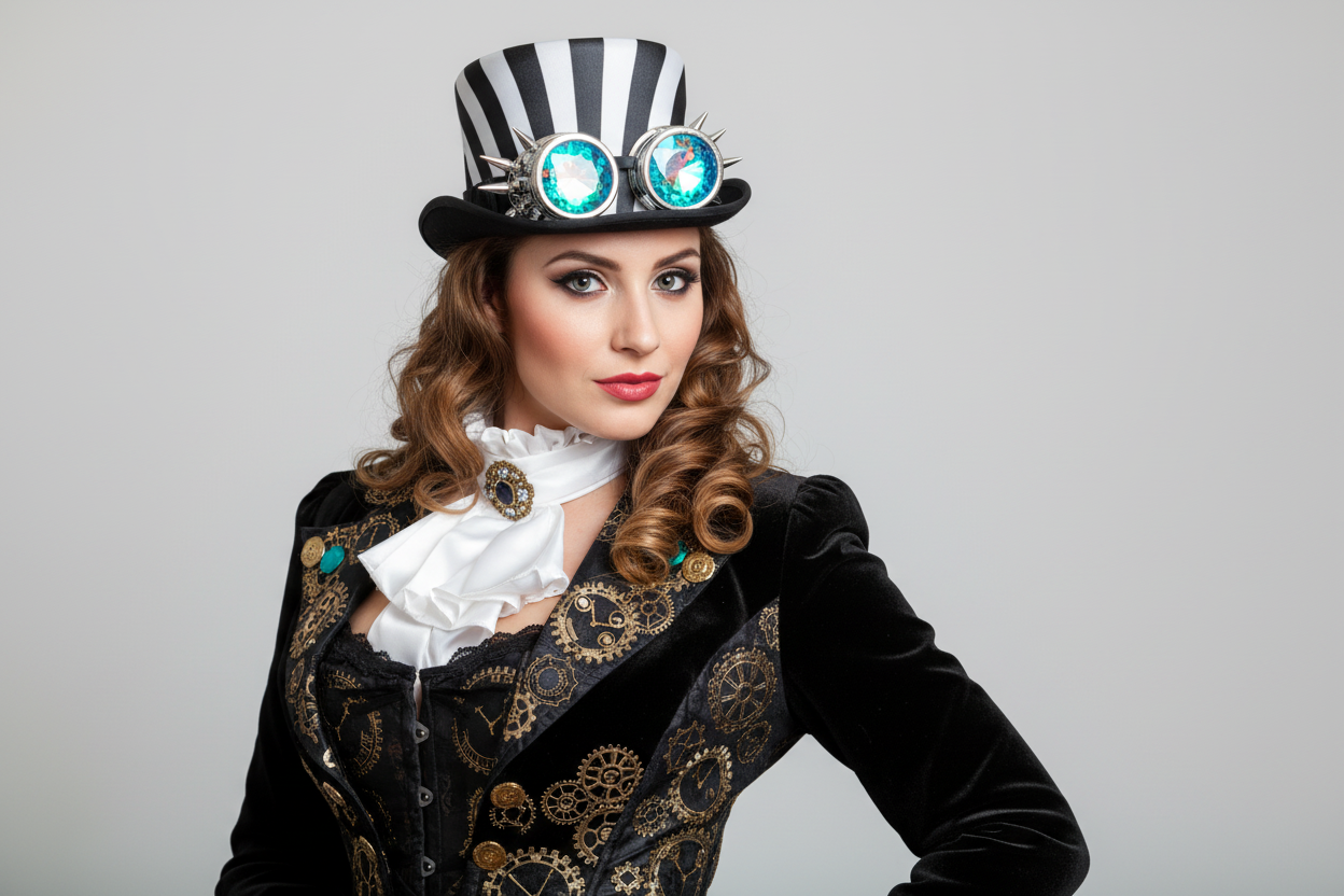 Steampunk top hat googles black white stripes vintage Halloween cosplay Beetlejuice party event