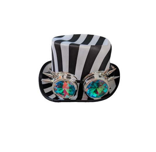 Steampunk top hat googles black white stripes vintage Halloween cosplay Beetlejuice party event
