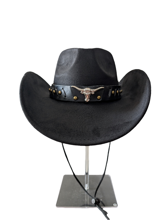 Black "suede effect" bull cowboy cowgirl hat fancy dress rodeo western party festival