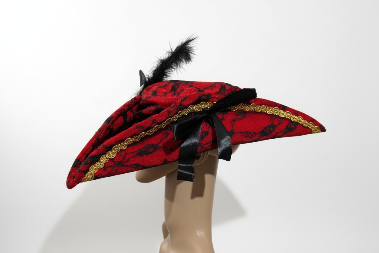 Red Pirate Tricorn Hat Buccaneer Adult Fancy Dress One Size Ladies Unisex Halloween Feather