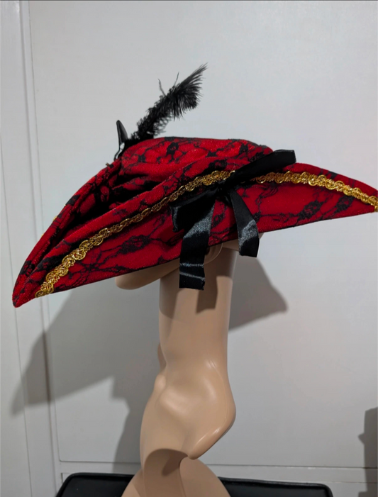 Red Pirate Tricorn Hat Buccaneer Adult Fancy Dress One Size Ladies Unisex Halloween Feather