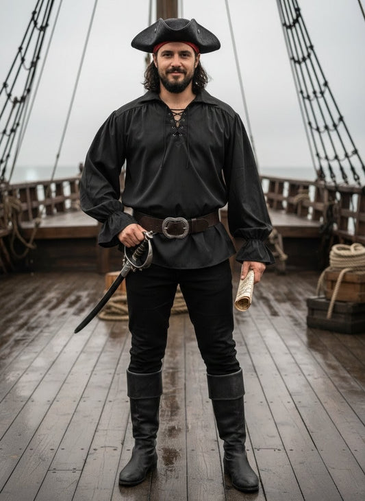 Black pirate shirt blouse fancy dress men party Caribbean