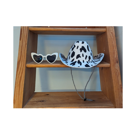 Adults cow print cowboy cowgirl hat & white heart sunglasses