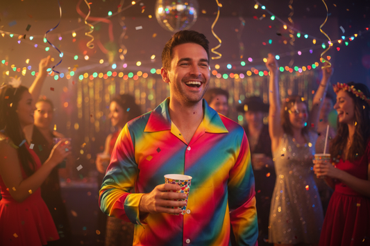 Men's one size rainbow shirt top fancy dress shit stag pride collar festival 60s 70s 80s 90s