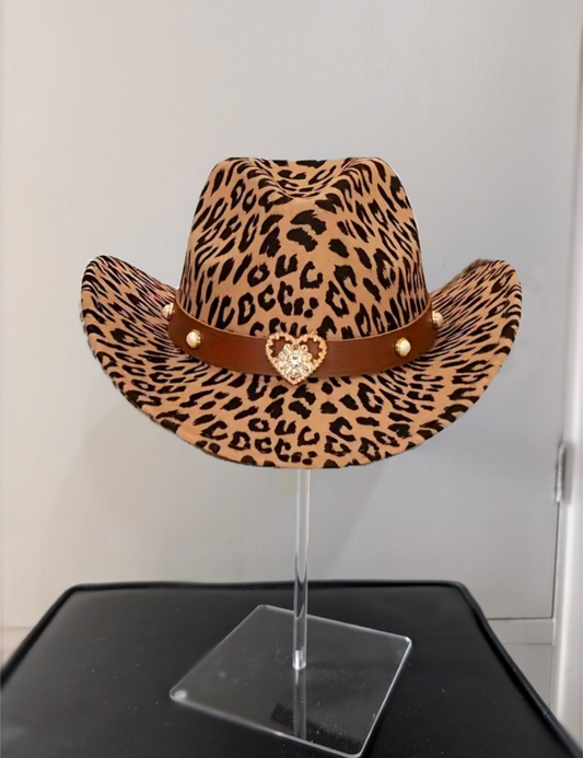 Leopard print heart cowboy cowgirl fedora hat fancy dress bull rodeo western party hen festival