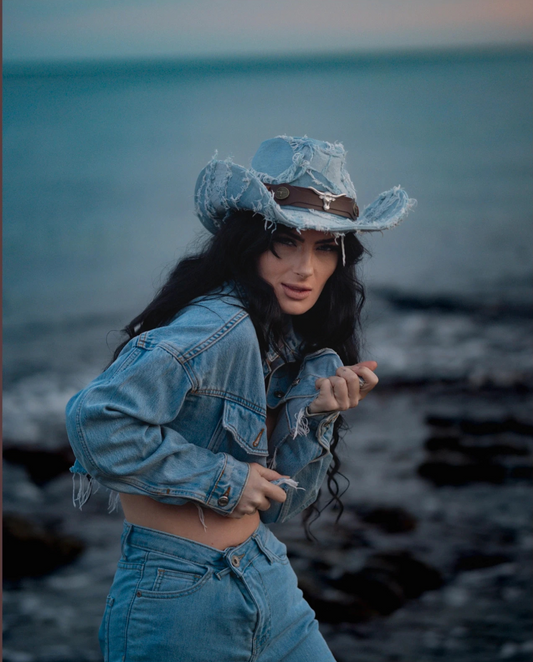 Denim bull style look cowboy cowgirl hat fancy dress festival rodeo western party