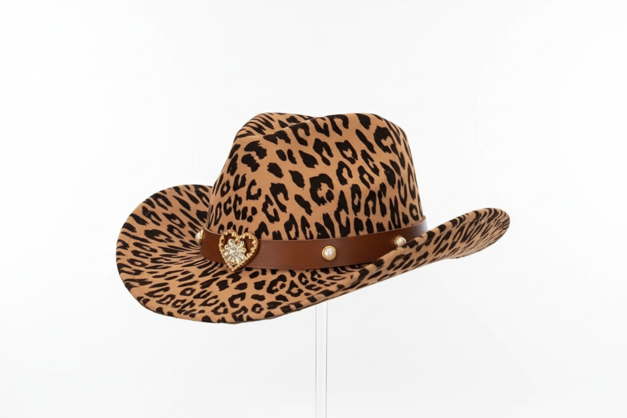 Leopard print heart cowboy cowgirl fedora hat fancy dress bull rodeo western party hen festival
