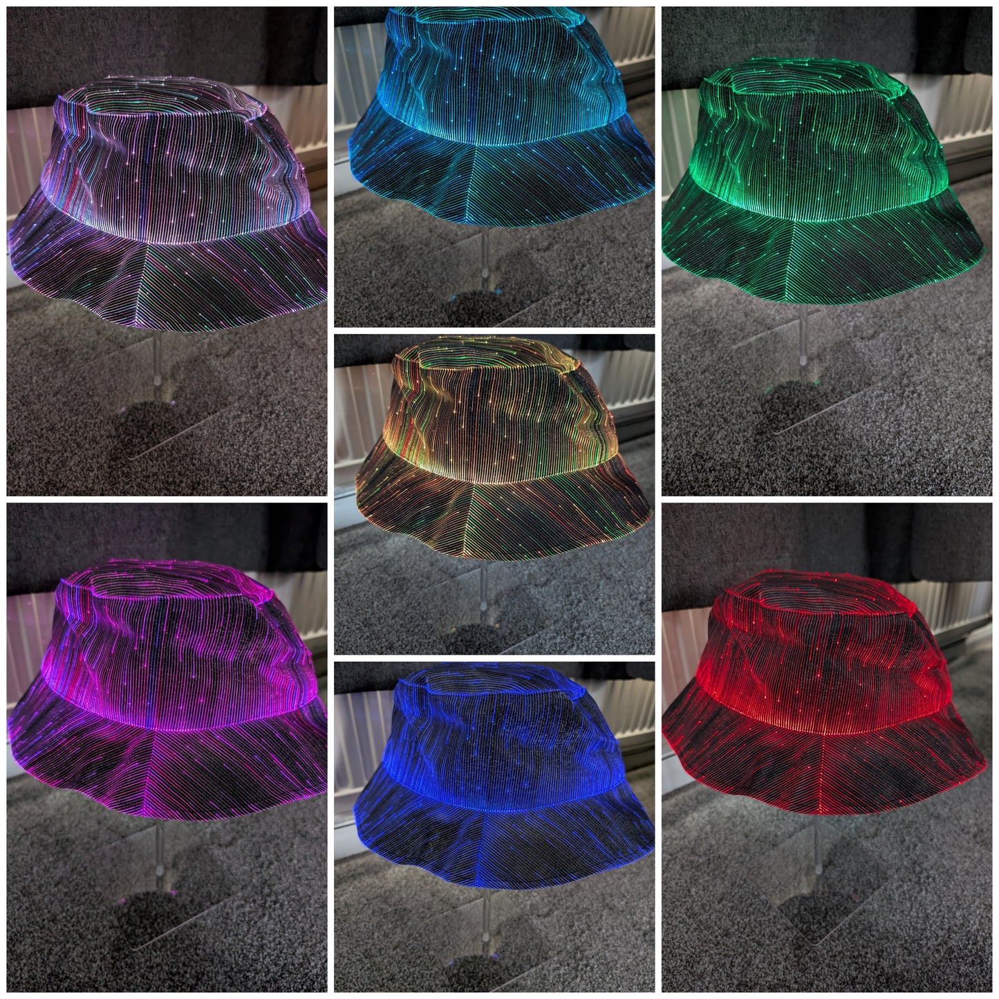 Led fibre optics lights flashing bucket hat black multicolor fancy dress party festival