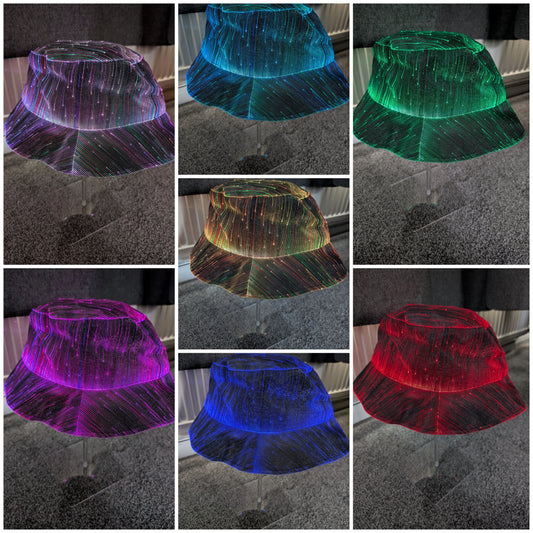 Led fibre optics lights flashing bucket hat black multicolor fancy dress party festival