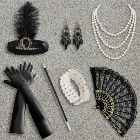 1920s 20s style vintage fancy dress accessories gloves flapper necklace earrings fan